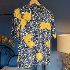 Modcloth Yellow with Black and White Floral Print Mock Turtleneck Top